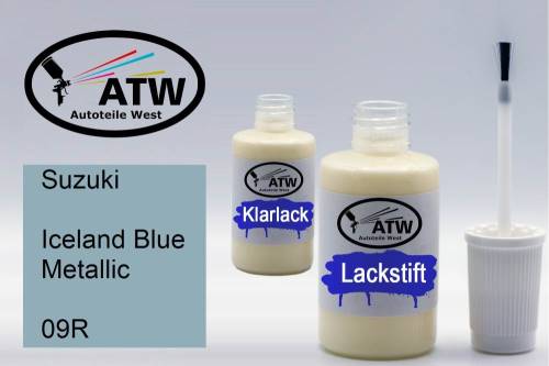 Suzuki, Iceland Blue Metallic, 09R: 20ml Lackstift + 20ml Klarlack - Set, von ATW Autoteile West.